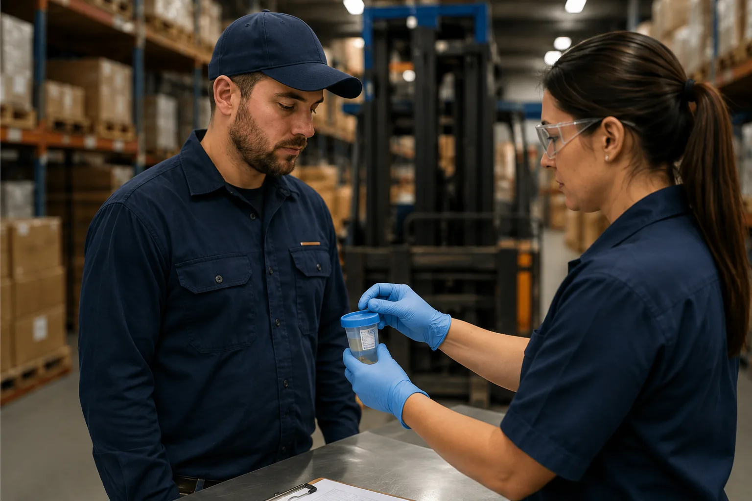 On-site workplace specimen collection being conducted in a warehouse environment